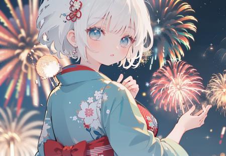 1girl, fireworks, solo, night, japanese clothes, kimono, upper body, blue eyes, bangs, looking at viewer, short hair, outdoors, sky, white hair, night sky, floating hair, looking back, aerial fireworks, yukata, closed mouth