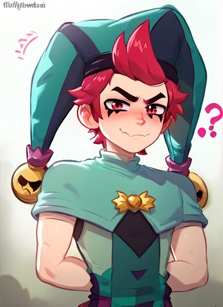  1boy, bschester , pink hair, short hair,  red eyes , jester cap,  green headwear  ,green jumpsuit,  capelet,