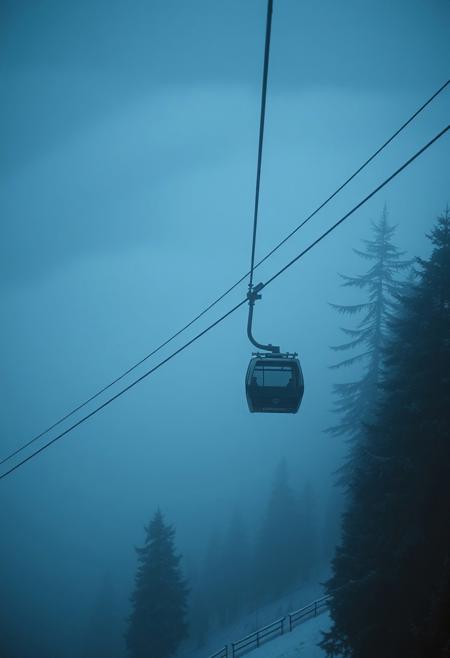 A fog-covered mountain cable car station at dusk, shrouded in cold grey-blue tones. The camera hovers at a high angle, overlooking empty gondola lines vanishing into thick, rolling clouds. A lone cable car slowly emerges from the mist, its interior dimly lit, swaying slightly in the wind. Frost clings to the windows, and the surrounding pine trees stand motionless like shadowy sentinels. No movement, no voices—only the mechanical hum of the cables and the occasional creak of strained metal. Cinematic, 4K, 35mm film grain, desaturated palette, surreal atmosphere—time feels suspended.