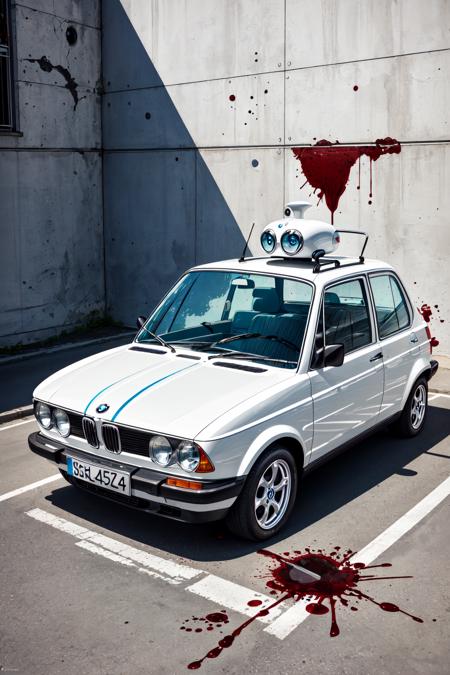 Weird Cars Concept,  a small white bmw bubble car with a glass top,  splattered with blood,  rusted,  old,  extreme light and shadow, <lora:EMS-58767-EMS:0.400000>