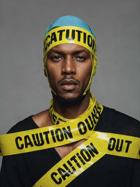 fashion photo of  a man with a turban on his head covered of tape, caution tape, keep out <lora:Tape_people:0.75>