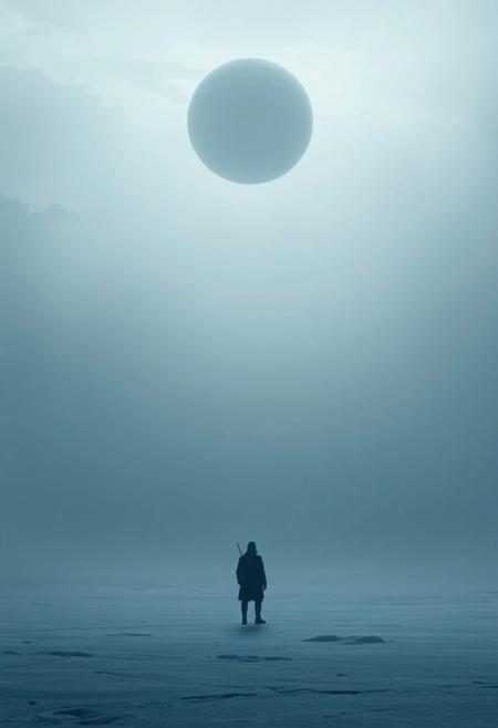 A lone figure stands at the edge of an endless, icy expanse under a gray sky, surrounded by floating circles that represent planets in orbit around them. The scene is filled with soft light and subtle hues, creating a sense of mystery and wonder as if exploring new worlds beyond our own., Dark moody lighting, concept art