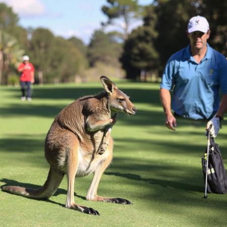 During an important charity golf tournament in Sydney, a kangaroo hops the 18th hole and steals the ball—then acts as the best caddy the player ever had.