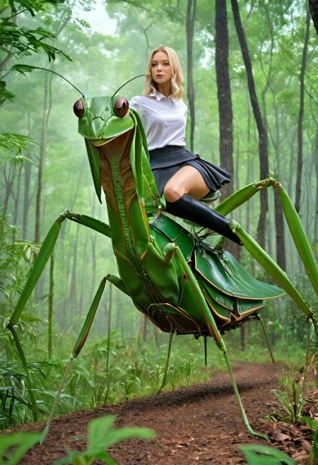 1girl, cute adult woman riding a gigantic European mantis creature in a forest, (saddle on the mantis), shirt, woman wearing a short skirt with legging, cutie, detailed face, long blonde hair, pale skin, detailed face, middle-age clothes, riding the mantis, pretty face, 
(foggy background, epic realistic, rutkowski, hdr, intricate details, hyperdetailed, cinematic, rim light, muted colors:1.2)