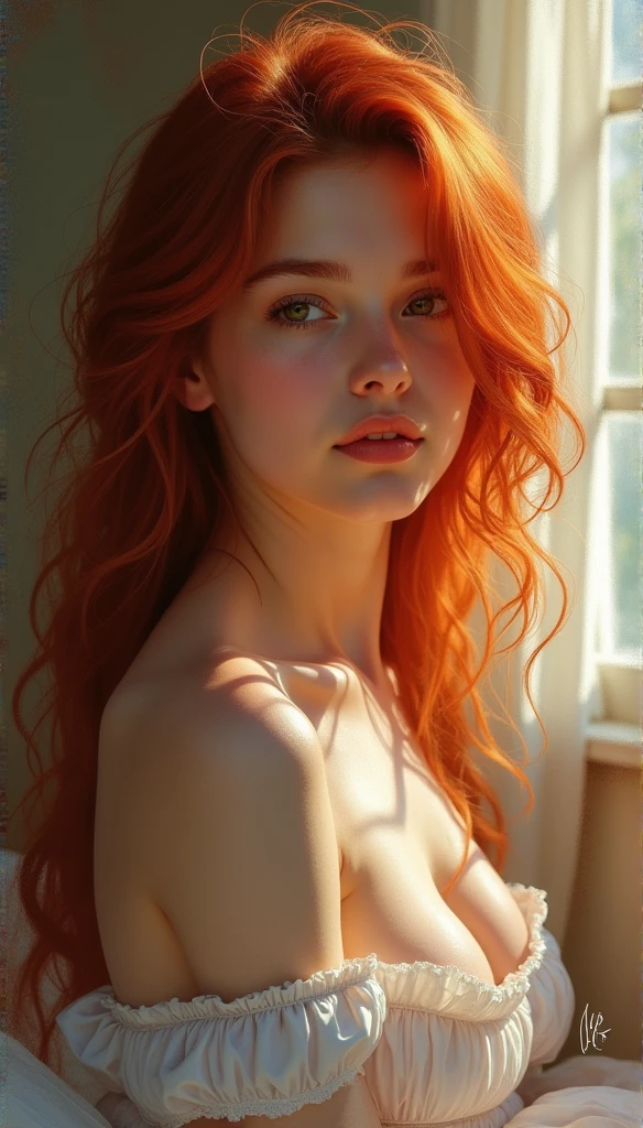 Highly detailed, realistic painting of a young woman in her bedroom, soft red hair cascading down her back, morning light streaming through the window behind her. Inspired by the works of John Singer Sargent and Edgar Degas. (Close-up shot), intricate details capturing the delicate features of the woman's face and hair, oil painting style with vibrant colors and soft lighting.