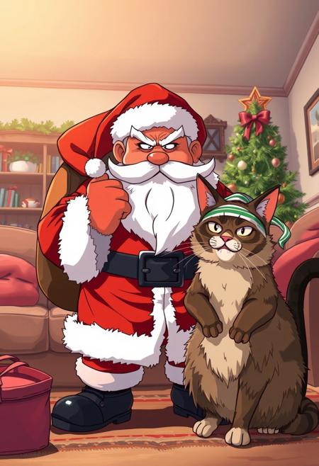 ANIME STYLE, LIVING ROOM, CHRISTMAS TIME, SANTA CLAUS ANGRY WITH A BAG FULL WITH COAT, NEXT TO HIM AN ANGRY COMMON CAT WITH A BANDAGE ON HIS HEAD