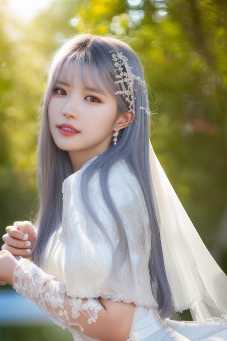 <lora:fromisHayoungV2:1>,Hayoung,(close-up photo:1.3),(silver white hair:1.2),(pov:1.1),korean, woman, complex 3d render ultra detailed, portrait of beautiful woman, moody portrait, striking features, beauty, intricate details, dramatic composition, tension, contrast, texture, realism, high-quality rendering, stunning art, high quality, film grain, Fujifilm XT3,swirly bokeh,(realistic, photo-realistic:1.4),RAW photo,physically-based rendering,(looking at viewer:1.4),(8k, best quality, masterpiece:1.2),(full body shot:1.1),octane render,extremely detailed CG, unity 8k wallpaper,(studio soft light, rim light,in forest,sunlight:1.2),standing,(a girl is wearing wedding dress:1.5),hyper realistic detail shiny skin,ultra detailed,(ultra realistic:1.5),(intricate:1.2),(photorealistic:1.4),1girl,(skinny:1.3),detailed background