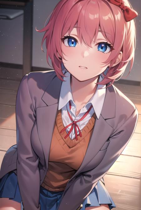 ddlcsayori, <lora:ddlcsayoritest:1>,
ddlcsayori, blue eyes, hair between eyes, hair bow, hair ornament, pink hair, red bow, short hair,
BREAK blue skirt, pleated skirt, school uniform, skirt, brown jacket, jacket,
BREAK looking at viewer,
BREAK indoors, classroom,
BREAK <lora:GoodHands-vanilla:1>, (masterpiece:1.2), best quality, high resolution, unity 8k wallpaper, (illustration:0.8), (beautiful detailed eyes:1.6), extremely detailed face, perfect lighting, extremely detailed CG, (perfect hands, perfect anatomy),