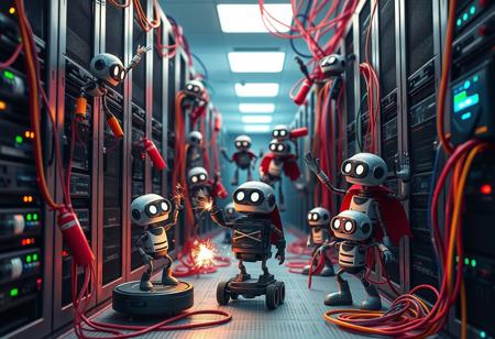 Create a whimsical and humorous scene of a data center in delightful chaos. Tiny, adorable robots, resembling toys with googly eyes, climb server racks carrying oversized tools and roll on wheels with parts and tangled cables trailing behind them like tails. One robot hilariously rides a Roomba while balancing a stack of hard drives. Sparks fly comically from overheated servers, causing a robot to dance around trying to extinguish the smoke with a tiny fire extinguisher. Other robots juggle cables and mistakenly plug them into wrong ports, creating a spaghetti-like mess. Amidst this bedlam, larger, more serious-looking robots with capes and comical mustaches oversee the smaller bots, waving their arms wildly to coordinate their whimsical efforts under the soft and colorful glow of blinking server lights and vibrant cables.