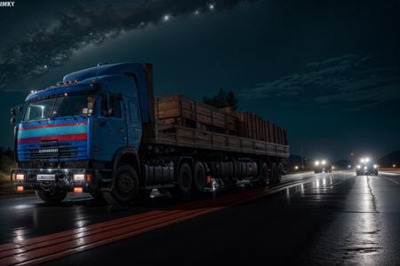 KAMAZ_54115  masterpiece,best quality,official art,extremely detailed CG unity 8k wallpaper,illustration, moving, wet, (((NIGHT))),neon lights,drift,   <lora:KAMAZ_54115:1>