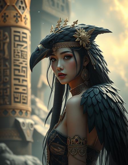 UHD, 8K, ultra detailed, a cinematic photograph of Egyptian style ethereal fantasy concept art of Korean girl half human half crow, anime, . magnificent, celestial, ethereal, painterly, epic, majestic, magical, fantasy art, cover art, dreamy . hieroglyphs, gods and goddesses, Pharaohs, highly detailed, beautiful lighting, great composition