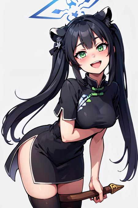 zzShun, black hair, long hair, animal ears, green eyes, tiger ears, halo, animal ear fluff, twintails, tiger girl, extra ears, black dress, black footwear, china dress, shoes, short sleeves, white thighhighs, blunt bangs,