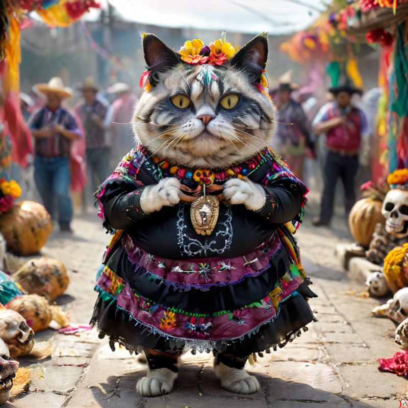 A cat dressed in a costume standing on a brick road.