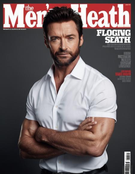 medium shot, photorealistic, hugh jackman on the cover of men's health magazine, cinematic lighting, dynamic pose, text