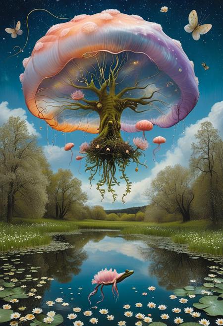 A pastel springtime grove where a lone tree sways like a jellyfish, its luminous tendrils trailing through the air and casting shimmering ripples across a mirror-still pond. The water reflects cotton-candy skies streaked with lavender and peach, while tiny golden fireflies drift like pollen, echoing the rhythm of soft winds.
Above, soft clouds drift like sleeping whales, their bellies glowing with moonlight.
Stars blink lazily in the daylight sky like freckles on a dream.
A chorus of translucent frogs hum lullabies from lily pads shaped like teacups.
Blossoms on the ground open like slow-breathing hearts, exhaling glittery pollen.
Grasses shimmer like spun sugar and occasionally lift in tufts, floating upward like balloons.
Petals drift down endlessly from unseen trees above, never touching the ground.
Reflections in the pond show different seasons than the one above.
The jellyfish tree hums a tune only visible in ripples on the water. James C. Christensen Style