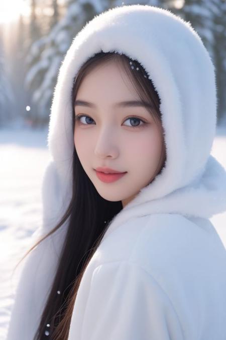 Beautiful girl Snow Maiden  Test, by alex1shved, highly realistic, ruddy skin, beautiful, full lips, smiling, feeling of lightness and joy, hyperrealism, skin very elaborated, direct gaze, by alex1shved