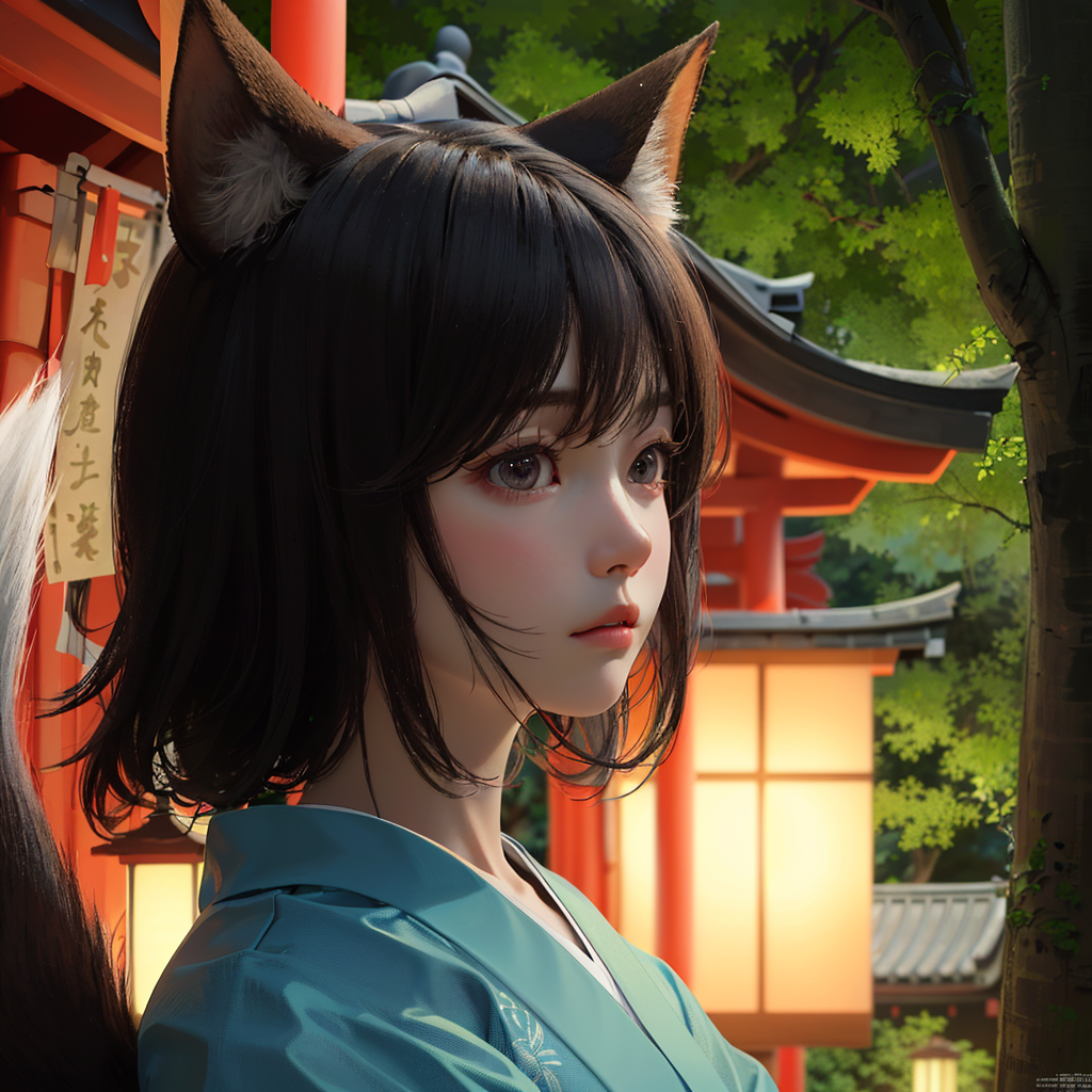 masterpiece, best quality,
1girl, looking at another,  outdoor, evening glow,  
japanese little deity with fox ears and ta...