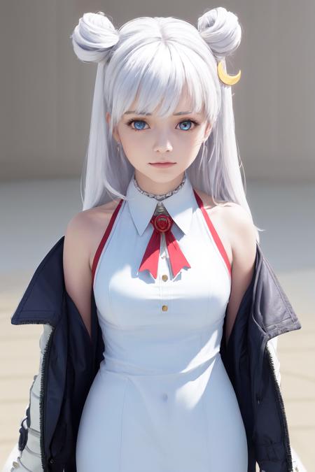 masterpiece, best quality, highres, 1girl, dia viekone, white hair, blue eyes, crescent hair ornament, collared dress, bare shoulders, white dress, open jacket, blue jacket <lora:dia_viekone_dataset4:1> (photorealistic:1.2)