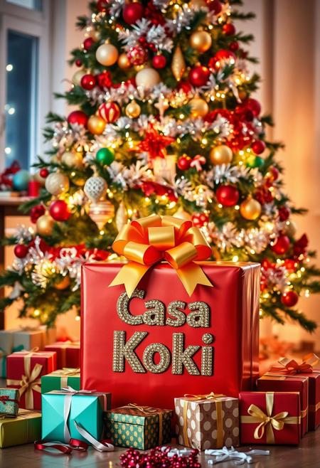 a professional slr leika photograph - A vibrant, festive Christmas scene featuring a beautifully decorated Christmas tree, adorned with shimmering tinsel, colorful ornaments, and glowing fairy lights. Beneath the tree, surrounded by a sprinkle of presents, stands a large, bold box as the centerpiece. The box is wrapped in glossy red and green paper with an oversized golden bow, prominently labeled in bold, glittering text: 'Casa Koki.' The room is softly lit with the warm glow of the tree lights, creating a cozy holiday atmosphere.