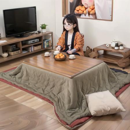 best quality, ultra-detailed, illustration,
hanten, 1girl, glasses, black hair, long hair, sitting, shirt, 
kotatsu, indoors, television, rug, wooden floor, book, blanket, carpet, mandarin orange, cup, orange (fruit), bowl, teapot,
 <lora:JAPAN_Hanten_SD15_V1:0.8> <lora:JAPAN_Scenery_kotatsu_SD15_V2:0.6>