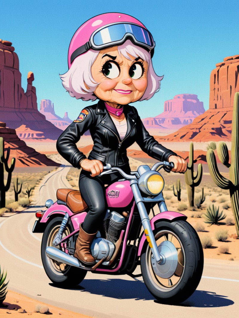 an old lady biker <lora:A_RubberHose_Character_v2_XL:1.3> rubber_hose_character, pink helmet, white hair, leather jacket, ...