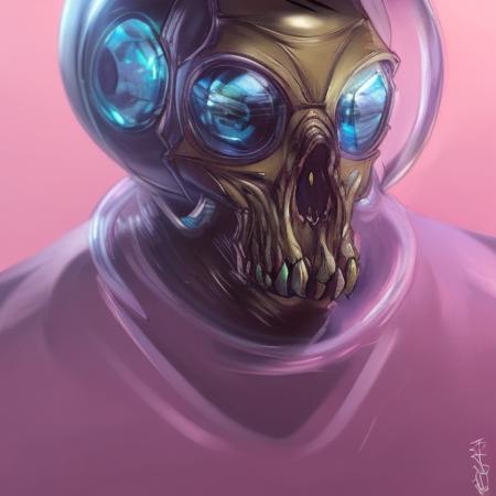 evang, a humanoid alien with a transparent skull head inside of a futuristic space suit , concept art, fantasy race, glass helmets, his head is a skull, creature, artgerm, krenz cushart, greg rutkowski