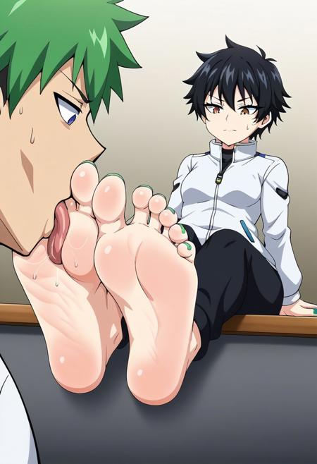 masterpiece, best quality, high quality, newest, highres, absurdres, simple_background, source_anime, rating_questionable, black green palette.
atfswtkl05, twktafjb06, a girl has her feets in the table having licked by a faceless male, with mouth closed, mouth closed, 1girl, (mouth closed), 1boy, feet, barefoot, soles, foot focus, hetero, licking.
toenail_polish, black hair, (chubby:0.3), tomboy, small breasts, streetwear.