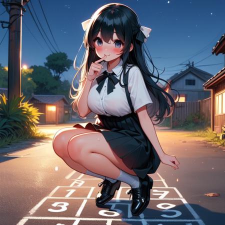 (((masterpiece))),  (((best quality))),  hopscotch,  hopping on backyard,  numbers in white large grid,  black lace fluttering chiffon skirt,  black stocking,  leather shoes,  banyan,  countryside,  ((utility pole)),  solo,  1girl,  big tits,  hot,  sweat,  ribbon,  black longhair,  smile,  shy,  blush,  night,<lora:EMS-276124-EMS:1.000000>