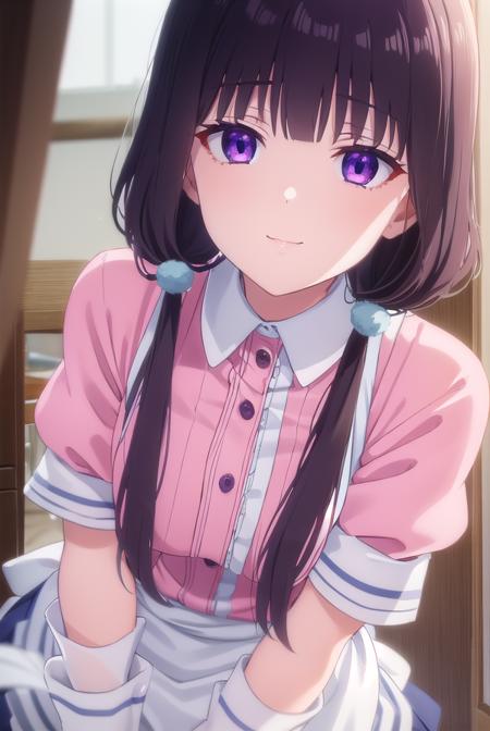 maikasakuranomiya, <lora:maika sakuranomiya s1-lora-nochekaiser:1>,
maika sakuranomiya, long hair, black hair, hair ornament, twintails, (purple eyes:1.1), low twintails, smile,
BREAK skirt, shirt, thighhighs, gloves, short sleeves, pleated skirt, frills, shoes, puffy sleeves, white gloves, black footwear, uniform, apron, white thighhighs, puffy short sleeves, zettai ryouiki, waist apron, white apron, pink skirt, pink shirt, frilled apron, waitress, head scarf,
BREAK indoors, restaurant,
BREAK looking at viewer, (cowboy shot:1.5),
BREAK <lyco:GoodHands-beta2:1>, (masterpiece:1.2), best quality, high resolution, unity 8k wallpaper, (illustration:0.8), (beautiful detailed eyes:1.6), extremely detailed face, perfect lighting, extremely detailed CG, (perfect hands, perfect anatomy),