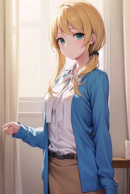 ellenbaker, <lyco:ellenbaker-lyco-nochekaiser:1>,
ellen baker, blonde hair, (green eyes:1.5), long hair, ponytail, scrunchie,
BREAK shirt, white shirt, collared shirt, cardigan, blue cardigan, belt, skirt, brown skirt, pencil skirt,
BREAK indoors, classroom,
BREAK looking at viewer, (cowboy shot:1.5),
BREAK <lyco:GoodHands-beta2:1>, (masterpiece:1.2), best quality, high resolution, unity 8k wallpaper, (illustration:0.8), (beautiful detailed eyes:1.6), extremely detailed face, perfect lighting, extremely detailed CG, (perfect hands, perfect anatomy),