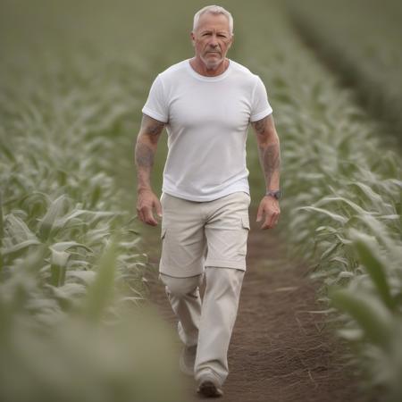 full body photo of slim man 40yo walking in a corn field wearing white zipoffpants and a stained white t-shirt, well trained, toned , tatoos, focused, UHD, ironman, badass, 8k, f10, dslr <lora:Zipoffpants-SDXL-0.7_Lora:0.85>