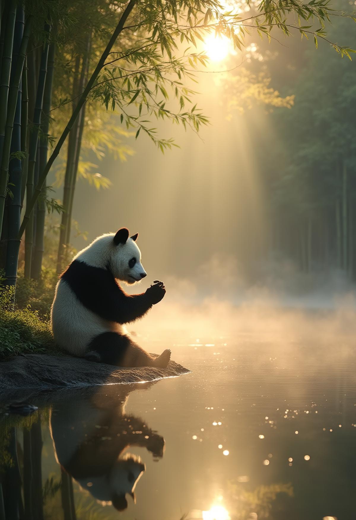 tranquil pond in a bamboo forest at dawn, sun is barely starting to peak over the horizon, panda practices Tai Chi near the edge of the pond, atmospheric perspective through the mist of morning dew, sunbeams, its movements are graceful and fluid - creating a sense of harmony and balance, the pond's calm waters reflecting the scene, inviting a sense of meditation and connection with nature, style of Howard Terpning and Jessica Rossier,<lora:other/flux_realism_lora:1.0>