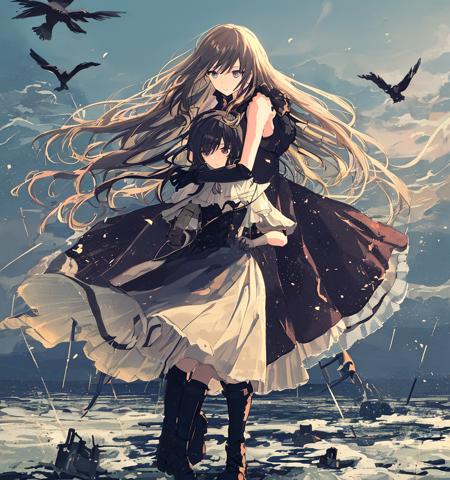 (2girls, yuri, hug), masterpiece, best quality, metal equipment (series), close-up lens, mechanical prosthesis, [[steampunk]], human reconstruction, black smoke, gear clock tower, [[smoke filled abandoned city]], (white long hair), gear boots, brown gloves, wind, messy white long hair, white long hair fluttering in the wind, high details, (masterpiece), (best quality), (a very delicate and beautiful girl), dirt on the face, (crow) black sky, beautiful eyes, (tattered gothic dress - (black)), backlighting lack feathers), many sporadic black feathers,(upper body), ((a large number of black ashes and sparks floating in the air - (very many)), backlight, crow feather short cloak