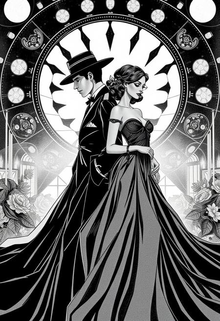 A fashion editorial spread in black and white, cinematic romanticism, intricate linework, vintage fashion, dramatic lighting, narrative illustration, Art Deco influence, graphic composition, stylized realism, poster art aesthetic, emotional storytelling, bold contrast, limited color palette, expressive detail, noir elegance, retro-futurist flair, symmetrical layouts, atmospheric backgrounds, 20th-century glamour, dynamic framing, painterly graphic hybrid