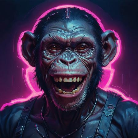 closeup portrait of a chimp, cyberpunk, lucky laugh face, cyberpunk implant in head, highly detailed, evocative, high contrast, blue and pink neon lights as the background, lucky laugh face, tshirt pink weared