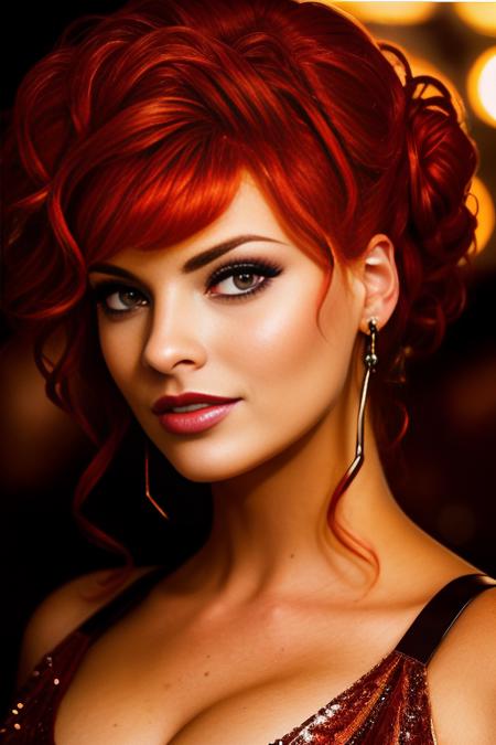 portrait photo of LEvangelista beautiful woman red hair updo upsweep nightclub sitting at bar (masterpiece) (best quality) (detailed) (8k) (HDR) (wallpaper) (cinematic lighting) (sharp focus) (intricate),  <lora:LEvangelista:0.8>