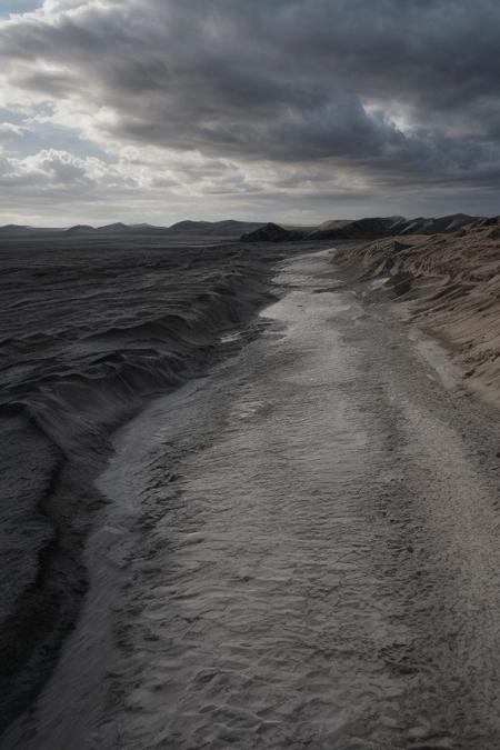 render of a black sand desert with a large brown river running through it, a dark grey stormy sky in the background, a low camera angle, and high contrast, dramatic clouds