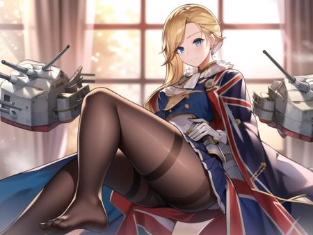 (hyper extreme detailed),(masterpeace),(hyper extreme),(photorealistic),CG,(colour:1.2), beautiful lighting,light from the front,solo,light smile,  <lora:hood:1>,hood_(azur_lane),blonde hair,blue eyes,black pantyhose,dress,earrings,gloves ,jewelry,long hair,long skirt,shoes,union jack,blue dress,frilled_dress