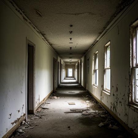 RAW photo, creature far down hallway, 8k uhd, dslr, soft lighting, high quality, film grain, Fujifilm XT3, Masterpiece, photorealistic, abandoned hospital, looking down hall way,