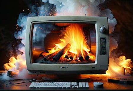A CRT computer monitor, hollowed out, fire inside the monitor, smoke coming out of the top, (best quality, 4k, photorealistic, HD, UHD, HDR)