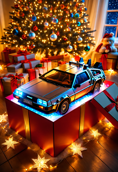 (8k masterpiece, best quality:1.2)Apoloniasxmasbox, back to the future Delorean, delicate low light, christmas atmosphere, warm, cuddly, festive