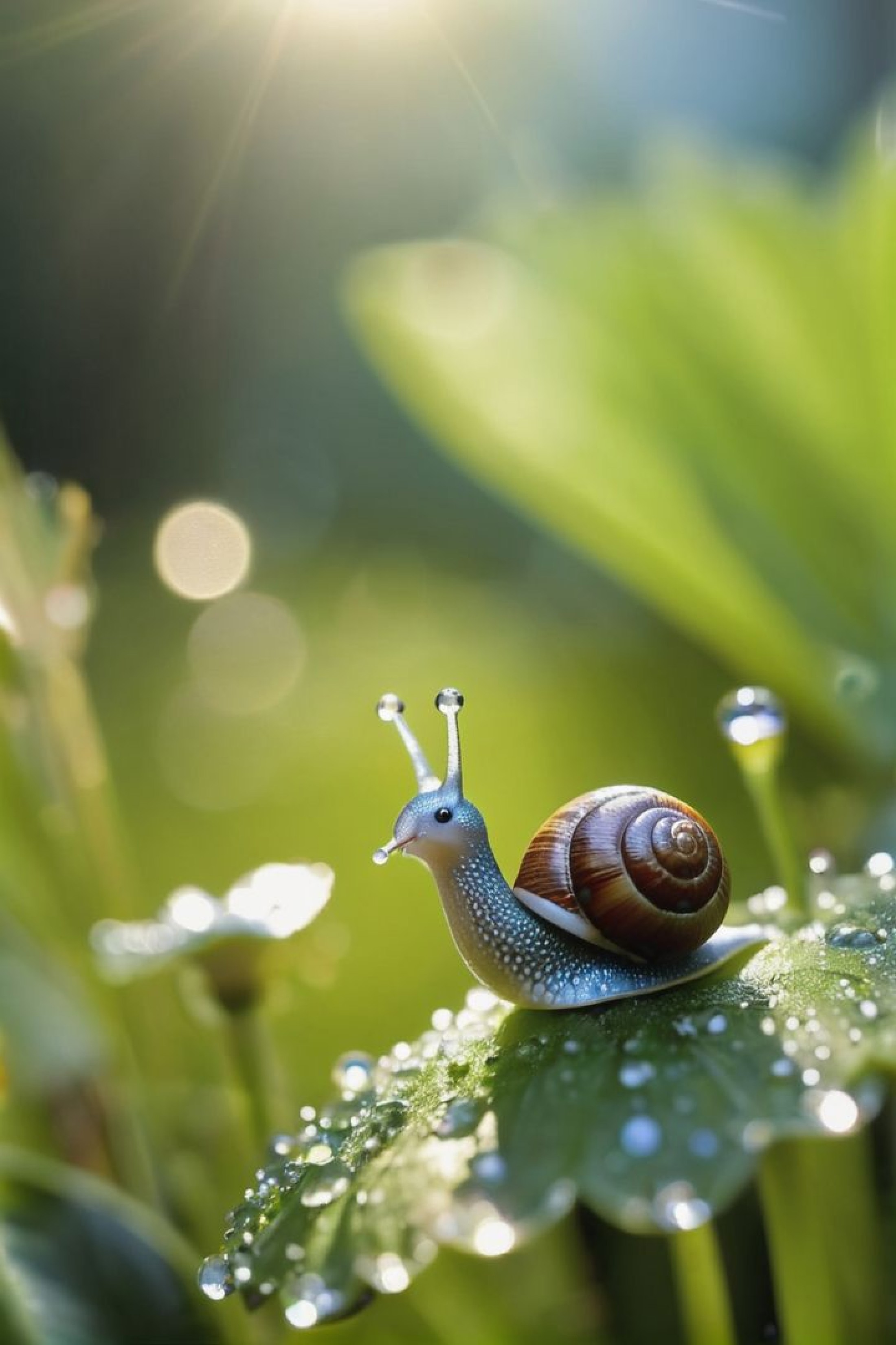 A whimsical sight of a tiny fairy riding atop a miniature snail through a dew-kissed garden, the morning sunlight catching...