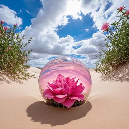 A sphere with inside Desert rose on sand dunes, soft pink petals contrasting with thorny greenery,
with the lower part resembling water,
a dripping drop falls from the sphere,
on a blue sky with white clouds,
art and surrealism background
