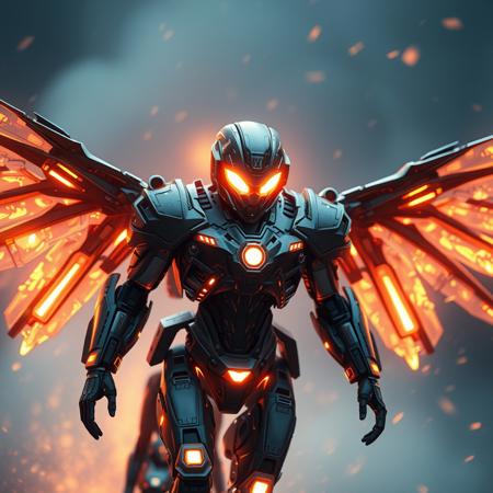 Humanoid (gear powered) android with quad-wings. Glowing, cinematic shot, motion blur, heat, flame, particles, highest quality