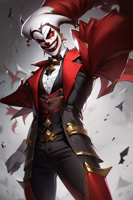 demon, jester, white hair,  sharp teeths, skinny, clown, red and black outfit, coat, tight breeches, cap'n'bells, chess pant