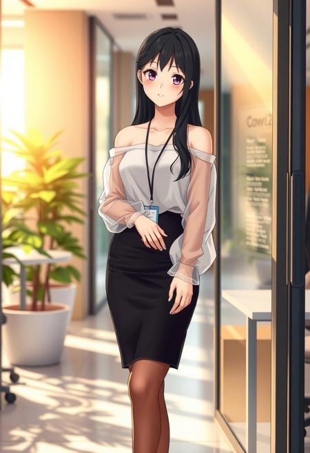 Anime-style shy and beautiful young female secretary standing in a modern office during the day. She has long, smooth black hair and gentle eyes, looking slightly down with a shy smile. She wears an elegant off-shoulder summer transparent thin blouse without straps, with long flowing sleeves, slightly sheer and soft, tucked into a  black pencil transparent very mini skirt that ends just above the knees. She also wears thin, transparent black stockings and modest black heels. A small ID badge hangs subtly at her waist, adding to her reserved posture. Her cheeks are slightly flushed, giving a blushing expression as she stands near the office entrance, uncertain where to go. Background includes bright natural lighting, indoor plants, office desks, and soft shadows. The overall tone is warm and welcoming, with a soft-focus anime style and subtle bokeh effect in the background. Full-body composition, delicate lighting, cinematic mood.