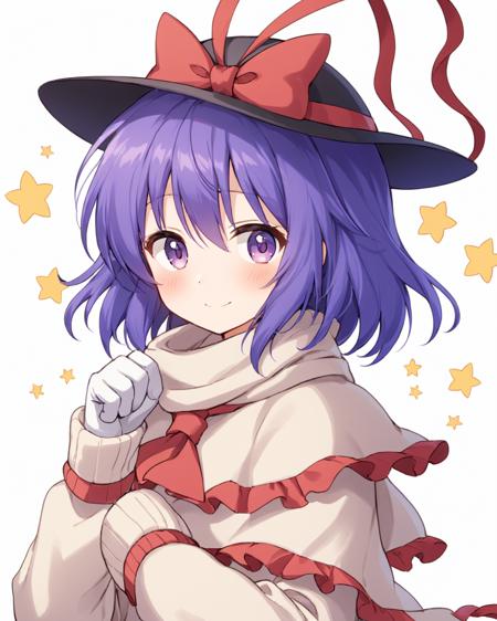 nagae iku,1girl, solo, shawl, smile, scarf, upper_body, looking_at_viewer, hat_ribbon, hat_bow, gloves, leaf, long_sleeves, sweater, white_background, mittens, capelet, artist_name, blush
<lora:nagae_iku_image6214_2023-12-20-000005:1>,star-shaped_pupils,symbol-shaped_pupils,. gorgeous,key visual, vibrant, studio anime,award-winning, professional, highly detailed,high budget, cinemascope