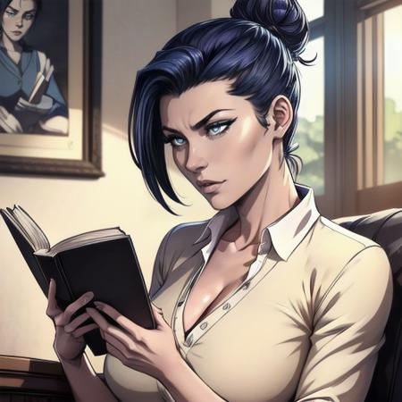 ((upper body, a woman sitting on bad reading a book, indoors))<lora:ZhangLanqiFinalLoRA:0.5>zhanglanqi, short hair, shirt, bun, skirt, beautiful eyes, beautiful girl, high detail skin, high detail eyes, high detail hair, highres, ultra detailed,highres, ultra detailed, 4k, high quality, ultra realistic,