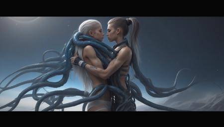 stunning view of a strong 13 year old (preteen) tomboy ((( Cecaelia ))) ((white 2m long tentacles)) wearing cloth bandage wraps Eve online  Warframe  Total Recall  Minority report 
Contact,   looking  over a star-ship or space ship hanger
 strong muscular  (muscle striations bodybuilder) body showing off her visible (super-flat toned defined chiseled ripped abs),  hair tattoos multicolored dyed shaved sides hairstyles, ((glowy blue burning eyes)) magical,
majestic colourful mist,  hair tattoos, inside of futuristic split level, white, space age space station orbiting a gas giant with many moons in an oval room relaxing and large rounded windows in a hot tub
IMAGINE THE WHOLE SCENE AS IF 800 YEARS IN THE FUTURE doing something interesting, hammerpede, KISSING striping  shagging hugging (Hentaied)
 ,4k, photorealism,  
 a bird on a wire