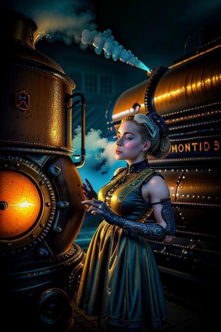 "A whimsical humanoid AI in a steampunk universe, her mechanical features crafted with brass, gears, and clockwork, delicately fused with organic materials like wood and lace. She wears a victorian-inspired dress with intricate designs, holding a glowing gear-shaped artifact. Her expression is serene, her blue eyes reflecting the light of a glowing steam engine in the background. Art style: vibrant and detailed, with warm metallic tones and vintage aesthetics.
NEG_EMBED_STABLE_YOGI_V3, cyberg1gerng, cyberg1gerng face,